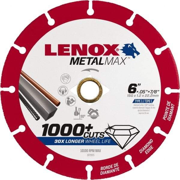 Lenox - 6" 40/50 Grit Diamond Cutoff Wheel - 0.05" Thick, 7/8" Arbor, 10,100 Max RPM, Use with Angle Grinders - Benchmark Tooling
