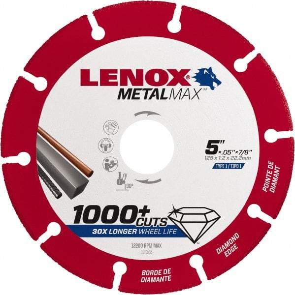 Lenox - 5" 40/50 Grit Diamond Cutoff Wheel - 0.05" Thick, 7/8" Arbor, 12,200 Max RPM, Use with Angle Grinders - Benchmark Tooling