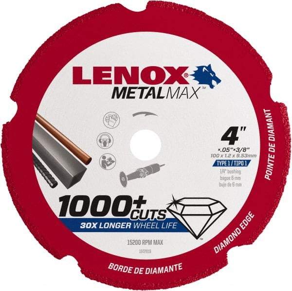 Lenox - 4" 40/50 Grit Diamond Cutoff Wheel - 0.05" Thick, 3/8" Arbor, 15,200 Max RPM, Use with Die Grinders - Benchmark Tooling