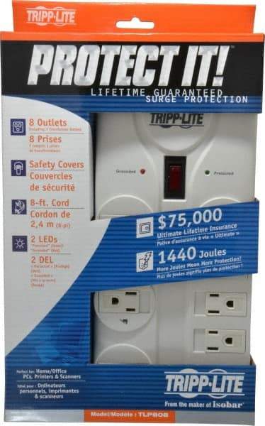 Tripp-Lite - 8 Outlets, 120 Volts, 15 Amps, 8' Cord, Power Outlet Strip - Free Hanging, Keyhole Mount, 5-15P NEMA Configuration, 9.55" Strip, UL1449 3rd Edition - Benchmark Tooling