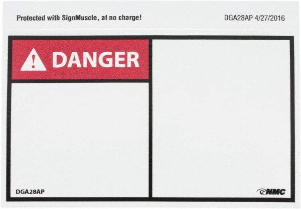 NMC - Accident Prevention Label, Header: DANGER - Legend: DANGER, English, Red, Black & White, 5" Long x 3" High, Sign Muscle Finish - Benchmark Tooling