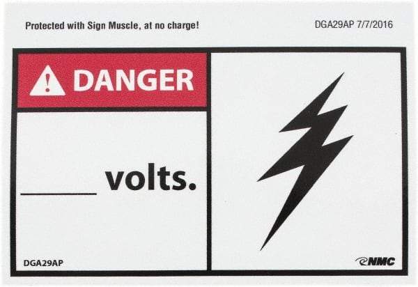 NMC - Accident Prevention Label, Header: DANGER - Legend: Danger - ____ Volts, English, Red, Black & White, 5" Long x 3" High, Sign Muscle Finish - Benchmark Tooling