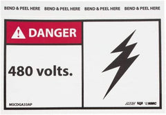 NMC - Accident Prevention Label, Header: DANGER - Legend: Danger - 480 Volts, English, Red, Black & White, 5" Long x 3" High, Sign Muscle Finish - Benchmark Tooling