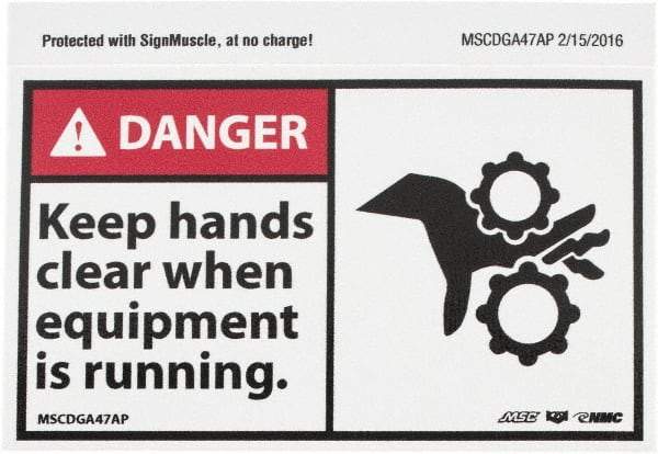 NMC - Accident Prevention Label, Header: DANGER - Legend: Danger - Keep Hands Clear When Equipment Is Running, English, Red, Black & White, 5" Long x 3" High, Sign Muscle Finish - Benchmark Tooling