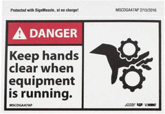 NMC - Accident Prevention Label, Header: DANGER - Legend: Danger - Keep Hands Clear When Equipment Is Running, English, Red, Black & White, 5" Long x 3" High, Sign Muscle Finish - Benchmark Tooling