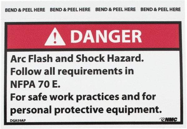 NMC - Accident Prevention Label, Header: DANGER - Legend: Danger - Arc Flash and Shock Hazard - Follow All Requirements in NFPA 70e for Safe Work Practices and for Personal..., English, Red, Black & White, 5" Long x 3" High, Sign Muscle Finish - Benchmark Tooling