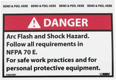NMC - Accident Prevention Label, Header: DANGER - Legend: Danger - Arc Flash and Shock Hazard - Follow All Requirements in NFPA 70e for Safe Work Practices and for Personal..., English, Red, Black & White, 5" Long x 3" High, Sign Muscle Finish - Benchmark Tooling