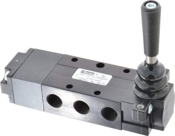 Parker - 0.83 CV Rate, 1/4" NPT Inlet Direct Air 4 Mechanical Spool Valve - 4 Way, 3 Position CC, 150 Max psi, Lever Spring Return - Benchmark Tooling