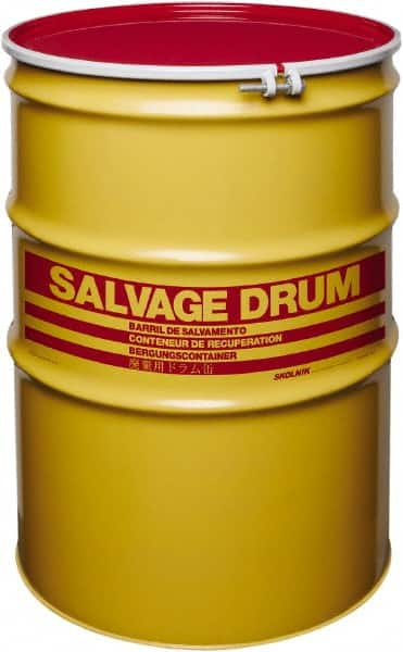 Made in USA - 110 Gallon Yellow with Red Cover Cylindrical Carbon Steel Open Head Drum - 41" High x 30" Diam - Benchmark Tooling