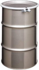 Made in USA - 30 Gallon Cylindrical Stainless Steel Open Head Drum - 27-1/2" High x 18-1/4" Diam - Benchmark Tooling