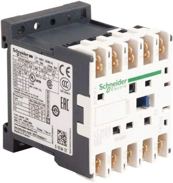 Schneider Electric - 4 Pole, 500 Coil VAC at 50/60 Hz, 16 Amp at 690 VAC and 20 Amp at 440 VAC, Nonreversible IEC Contactor - BS 5424, CSA, IEC 60947, NF C 63-110, RoHS Compliant, UL Listed, VDE 0660 - Benchmark Tooling