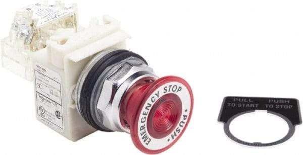 Schneider Electric - 30mm Mount Hole, Extended Straight, Pushbutton Switch with Contact Block - Red Pushbutton, Maintained (MA) - Benchmark Tooling