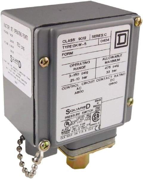 Square D - 4, 13 and 4X NEMA Rated, SPDT, 3 to 150 psi, Electromechanical Pressure and Level Switch - Fixed Pressure, 120 VAC at 6 Amp, 125 VDC at 0.22 Amp, 240 VAC at 3 Amp, 250 VDC at 0.27 Amp, 1/4 Inch Connector, Screw Terminal, For Use with 9012G - Benchmark Tooling