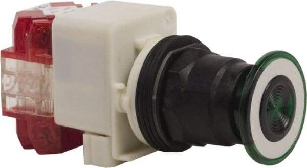 Schneider Electric - 30mm Mount Hole, Extended Straight, Pushbutton Switch with Contact Block - Green Pushbutton, Maintained (MA), Momentary (MO) - Benchmark Tooling