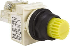 Schneider Electric - 30mm Mount Hole, Extended Straight, Pushbutton Switch with Contact Block - Yellow Pushbutton, Momentary (MO) - Benchmark Tooling