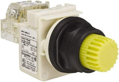 Schneider Electric - 1.22 Inch Mount Hole, Extended Straight, Pushbutton Switch with Contact Block - Round, Yellow Pushbutton, Illuminated, Momentary (MO), Anticorrosive, Dusttight, Oiltight, Watertight and Shock and Vibration Resistant - Benchmark Tooling