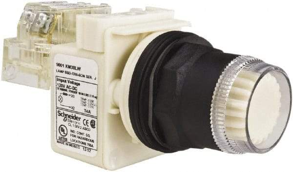 Schneider Electric - 1.22 Inch Mount Hole, Flush, Pushbutton Switch with Contact Block - Round, White Pushbutton, Illuminated, Momentary (MO), Anticorrosive, Dusttight, Oiltight, Watertight and Shock and Vibration Resistant - Benchmark Tooling