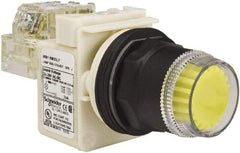 Schneider Electric - 30mm Mount Hole, Extended Straight, Pushbutton Switch with Contact Block - Yellow Pushbutton, Momentary (MO) - Benchmark Tooling