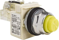 Schneider Electric - 12-14 VAC/VDC Yellow Lens LED Push-to-Test Pilot Light - Fresnel/Round Lens, Screw Clamp Connector, 104mm OAL x 54mm Wide, Dust-tight, Oiltight, Shock Resistant, Vibration Resistant, Watertight - Benchmark Tooling