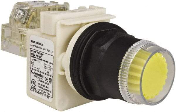 Schneider Electric - 30mm Mount Hole, Extended Straight, Pushbutton Switch with Contact Block - Yellow Pushbutton, Momentary (MO) - Benchmark Tooling