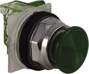 Schneider Electric - 30mm Mount Hole, Extended Straight, Pushbutton Switch with Contact Block - Green Pushbutton, Momentary (MO) - Benchmark Tooling