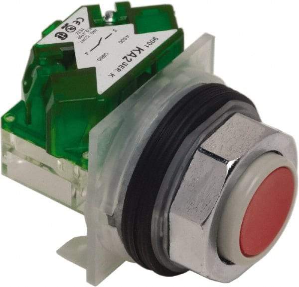 Schneider Electric - 30mm Mount Hole, Extended Straight, Pushbutton Switch with Contact Block - Red Pushbutton, Momentary (MO) - Benchmark Tooling