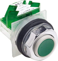 Schneider Electric - 30mm Mount Hole, Extended Straight, Pushbutton Switch with Contact Block - Green Pushbutton, Momentary (MO) - Benchmark Tooling