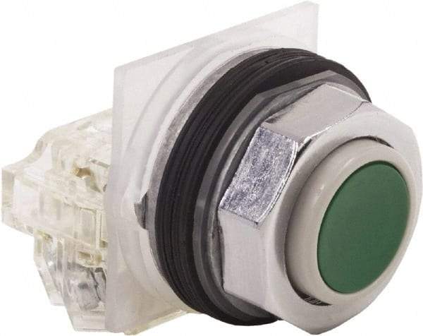 Schneider Electric - 30mm Mount Hole, Extended Straight, Pushbutton Switch with Contact Block - Green Pushbutton, Momentary (MO) - Benchmark Tooling