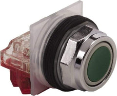 Schneider Electric - 30mm Mount Hole, Extended Straight, Pushbutton Switch with Contact Block - Green Pushbutton, Momentary (MO) - Benchmark Tooling