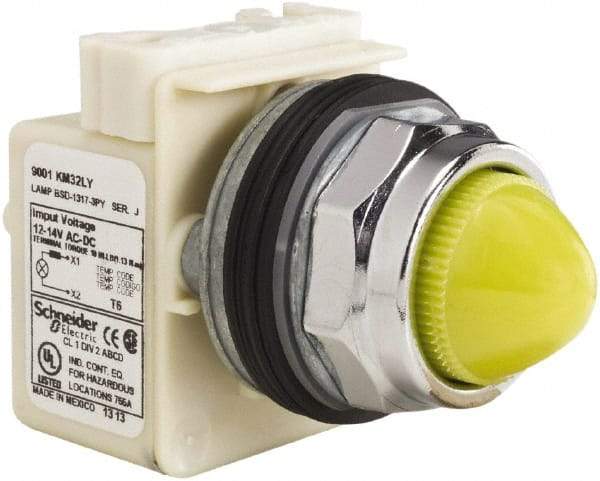 Schneider Electric - 12-14 VAC/VDC Yellow Lens LED Pilot Light - Domed/Round Lens, Screw Clamp Connector, 69.98mm OAL x 54mm Wide, Dust-tight, Oiltight, Shock Resistant, Vibration Resistant, Watertight - Benchmark Tooling