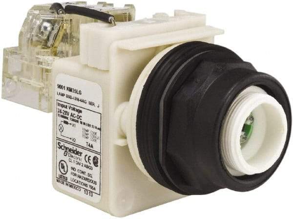 Schneider Electric - 28 V Green Lens LED Pilot Light - Round Lens, Screw Clamp Connector, 54mm OAL x 42mm Wide, Vibration Resistant - Benchmark Tooling