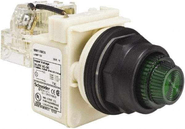 Schneider Electric - 24 V, 28 V Green Lens Press-to-Test Indicating Light - Round Lens, Screw Clamp Connector, Corrosion Resistant, Dust Resistant, Oil Resistant - Benchmark Tooling