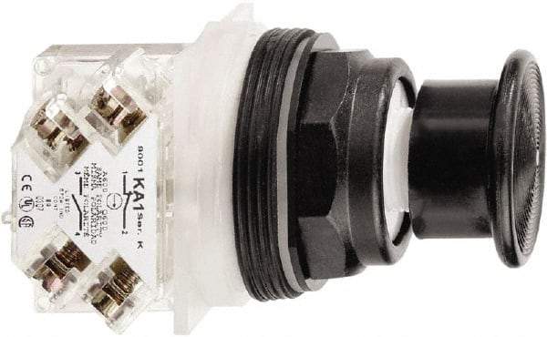 Schneider Electric - 30mm Mount Hole, Extended Mushroom Head, Pushbutton Switch with Contact Block - Round, Black Pushbutton, Maintained (MA) - Benchmark Tooling