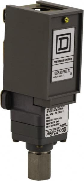 Square D - 1 NEMA Rated, SPDT, 90 to 2,900 psi, Electromechanical Pressure and Level Switch - Adjustable Pressure, 120 VAC at 6 Amp, 125 VDC at 0.22 Amp, 240 VAC at 3 Amp, 250 VDC at 0.27 Amp, 1/4 Inch Connector, Screw Terminal, For Use with 9012G - Benchmark Tooling