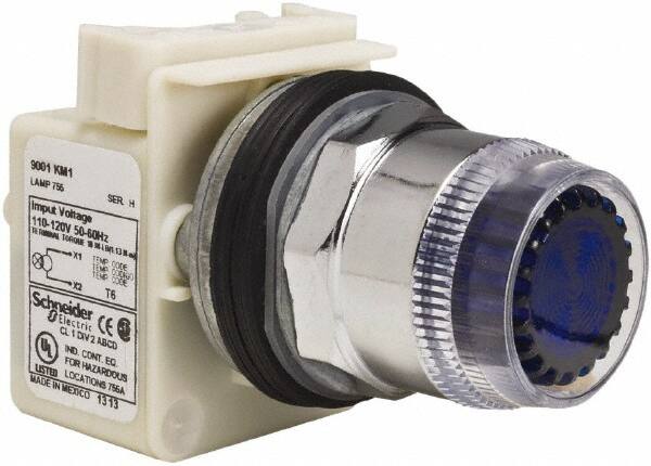 Schneider Electric - 1.18 Inch Mount Hole, Extended Straight, Pushbutton Switch Only - Round, Blue Pushbutton, Illuminated, Momentary (MO), Weatherproof, Dust and Oil Resistant - Benchmark Tooling