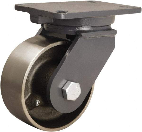 Hamilton - 6" Diam x 2-1/2" Wide x 8" OAH Top Plate Mount Swivel Caster - Forged Steel, 3,500 Lb Capacity, Straight Roller Bearing, 5-1/4 x 7-1/4" Plate - Benchmark Tooling