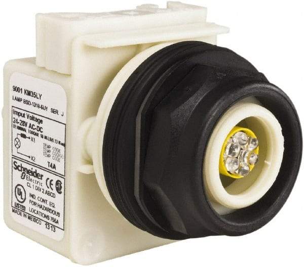 Schneider Electric - 28 V Yellow Lens LED Pilot Light - Round Lens, Screw Clamp Connector, 54mm OAL x 42mm Wide, Vibration Resistant - Benchmark Tooling