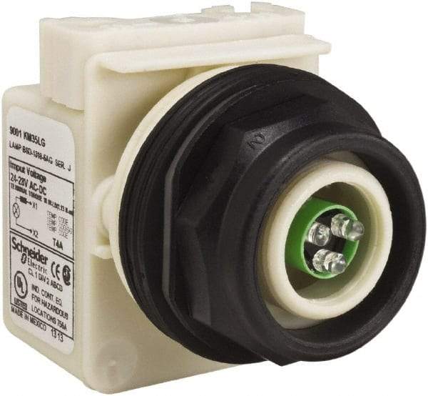 Schneider Electric - 28 V Green Lens LED Pilot Light - Round Lens, Screw Clamp Connector, 54mm OAL x 42mm Wide, Vibration Resistant - Benchmark Tooling