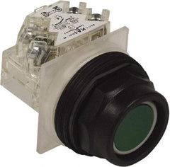 Schneider Electric - 30mm Mount Hole, Extended Straight, Pushbutton Switch with Contact Block - Green Pushbutton, Momentary (MO) - Benchmark Tooling