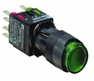 Schneider Electric - 16mm Mount Hole, Extended Straight, Pushbutton Switch with Contact Block - Round, Green Pushbutton, Illuminated, Momentary (MO) - Benchmark Tooling