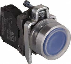 Schneider Electric - 22mm Mount Hole, Extended Straight, Pushbutton Switch with Contact Block - Round, Blue Pushbutton, Momentary (MO) - Benchmark Tooling