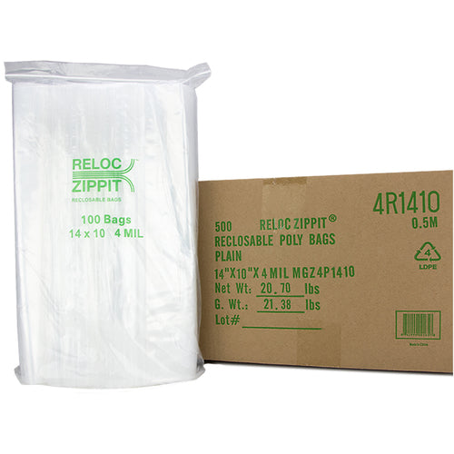 14″ × 10″ 4-MIL Clear Reloc Zippit Zipper Bags , Sold per Case of 500 (5 boxes of 100 per case)