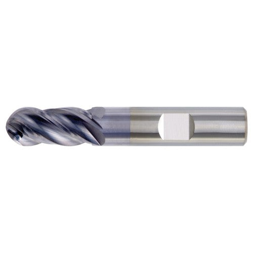 ‎1/2″ Dia. × 1/2″ Shank × 1-1/4″ DOC × 3″ OAL, Carbide TiAlN, Unequal Flute Spacing , 4 Flute, CW|38° Helix, Weldon, Ballnose End Mill - Exact Industrial Supply