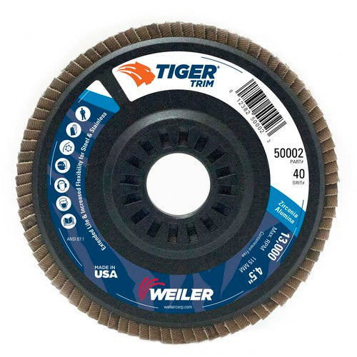 4-1/2″ Tiger Disc Abrasive Flap Disc, Angled, Trimmable Backing, 40Z, 7/8″ Arbor Hole - Benchmark Tooling