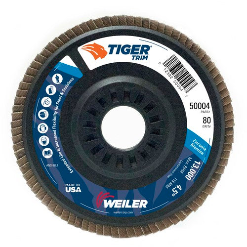 4-1/2″ Tiger Disc Abrasive Flap Disc, Angled, Trimmable Backing, 80Z, 7/8″ Arbor Hole - Benchmark Tooling