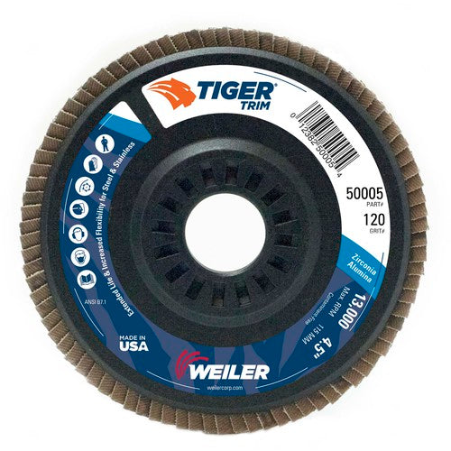 4-1/2″ Tiger Disc Abrasive Flap Disc, Angled, Trimmable Backing, 120Z, 7/8″ Arbor Hole - Benchmark Tooling