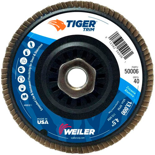 4-1/2″ Tiger Disc Abrasive Flap Disc, Angled, Trimmable Backing, 40Z, 5/8″-11 UNC Nut - Benchmark Tooling