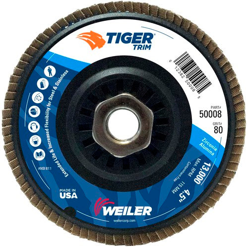 4-1/2″ Tiger Disc Abrasive Flap Disc, Angled, Trimmable Backing, 80Z, 5/8″-11 UNC Nut - Benchmark Tooling