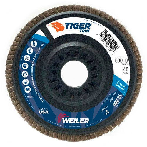 5″ Tiger Disc Abrasive Flap Disc, Angled, Trimmable Backing, 40Z, 7/8″ Arbor Hole - Benchmark Tooling