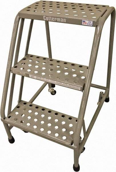 Cotterman - 30" 3 Step Rolling Warehouse Ladder - Rolling Safety Ladder, 450 Lb Capacity, 30" Platform Height, 20" Base Width x 27" Base Depth, Expanded Metal Tread - Benchmark Tooling